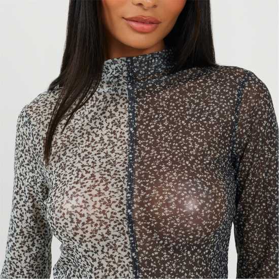 Brave Soul Womens Printed Mesh Long Sleeve T-Shirt Black/Cream 