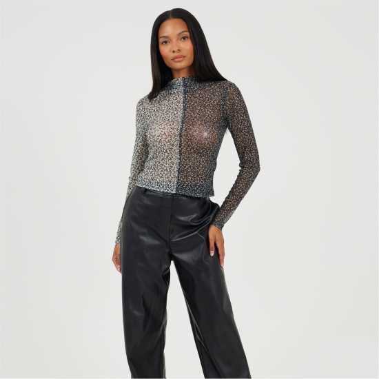 Brave Soul Womens Printed Mesh Long Sleeve T-Shirt Black/Cream 