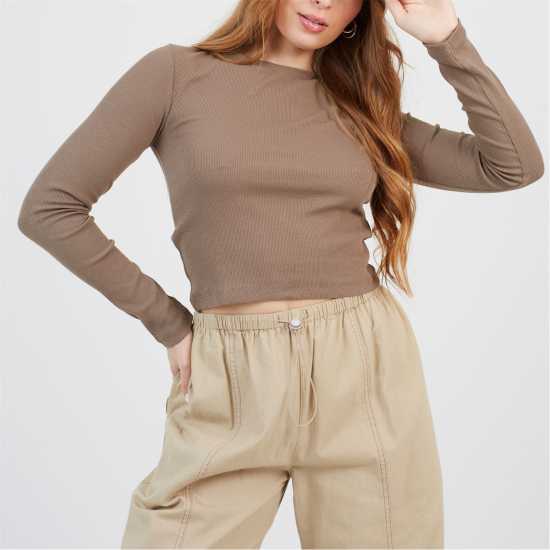 Brave Soul Bs Womens Long Sleeve Ribbed Top With Round Neck  