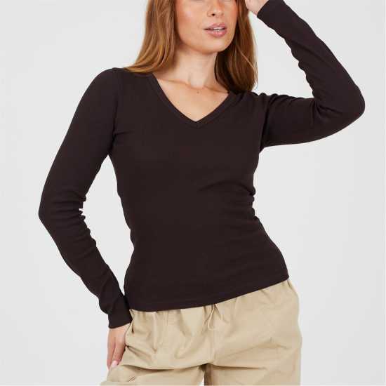 Brave Soul Bs Womens Long Sleeve V-Neck Ribbed Top  