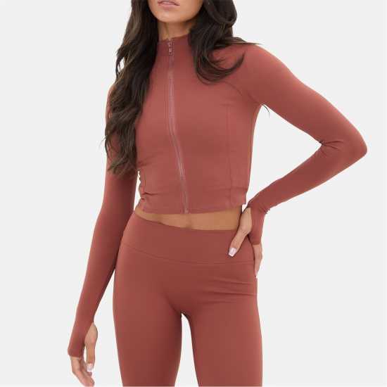 Горнище С Дълъг Ръкав Zip Thru Long Sleeve Top Mocha Дамски тениски и фланелки