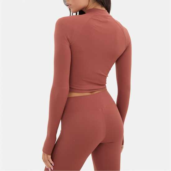 Горнище С Дълъг Ръкав Zip Thru Long Sleeve Top Mocha Дамски тениски и фланелки