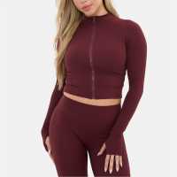 Горнище С Дълъг Ръкав Zip Thru Long Sleeve Top Burgundy Дамски тениски и фланелки