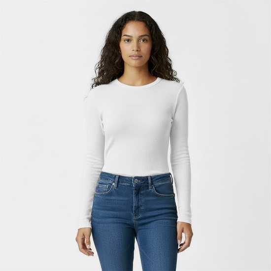 Jack Wills Women's Waffle Lsbaby Cotton Crew Neck Slim Fit Long Sleeve T-Shirt Винтажно бяло 
