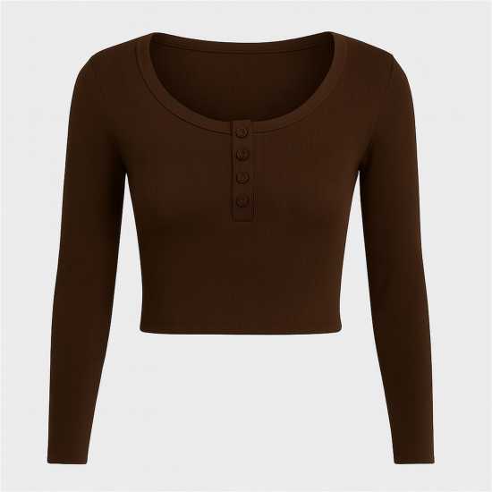Горнище С Дълъг Ръкав Rib Button Front Long Sleeve Top Горнище С Дълъг Ръкав Rib Button Front Long Sleeve Top