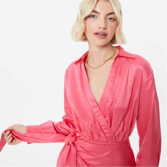 Рокля-Риза Jack Wills Draped Shirt Dress Hot Pink Дамски поли и рокли