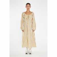 Glamorous Beige-Cream Check Gathered Tie-Neck Midi-Dress  Дамски поли и рокли