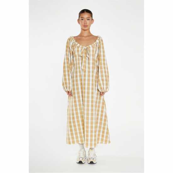 Дамски поли и рокли Glamorous Beige-Cream Check Gathered Tie-Neck Midi-Dress Glamorous Beige-Cream Check Gathered Tie-Neck Midi-Dress Дамски поли и рокли