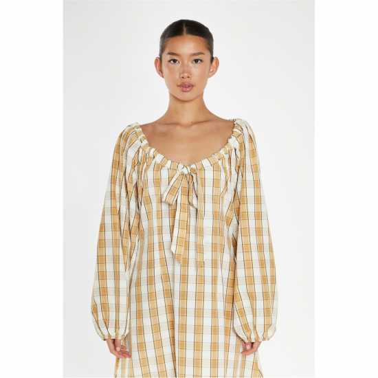 Дамски поли и рокли Glamorous Beige-Cream Check Gathered Tie-Neck Midi-Dress Glamorous Beige-Cream Check Gathered Tie-Neck Midi-Dress Дамски поли и рокли