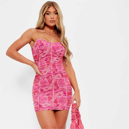 I Saw It First Printed Mesh Ruched Cami Mini Dress Pink Paisley Дамски поли и рокли