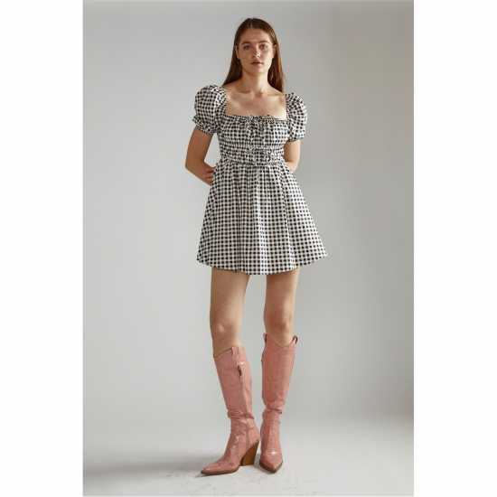 Дамски поли и рокли Narrated Black White Gingham-Print Skater Mini-Dress Narrated Black White Gingham-Print Skater Mini-Dress Дамски поли и рокли