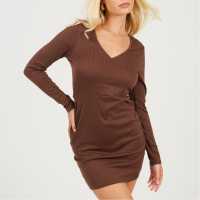 Brave Soul Long Sleeve Mini Dress Deep Taupe 