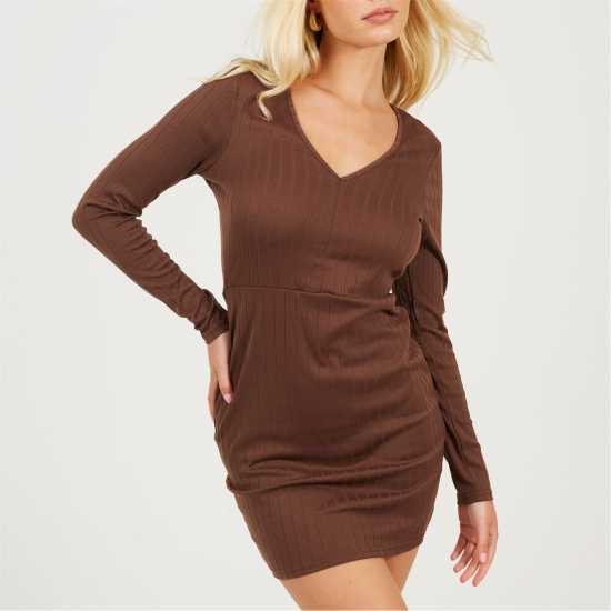 Brave Soul Long Sleeve Mini Dress Deep Taupe 