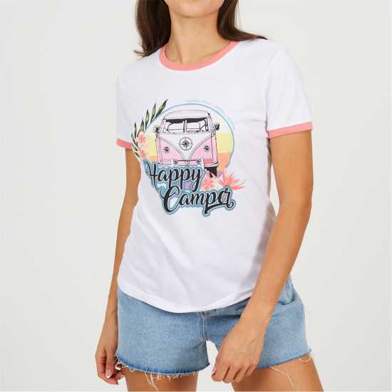 Brave Soul Camper Ringer T-Shirt White/Coral 
