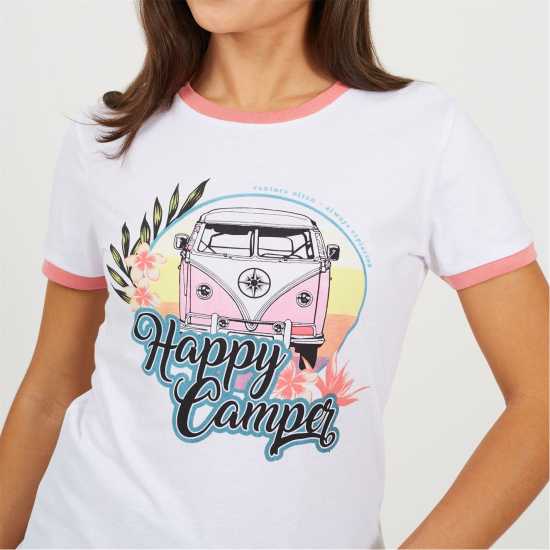 Brave Soul Camper Ringer T-Shirt White/Coral 