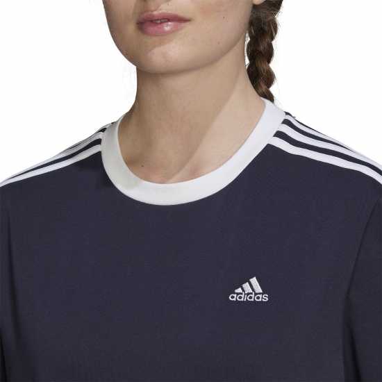 Adidas 3 Stripe T-Shirt Navy/White - Дамски тениски с яка