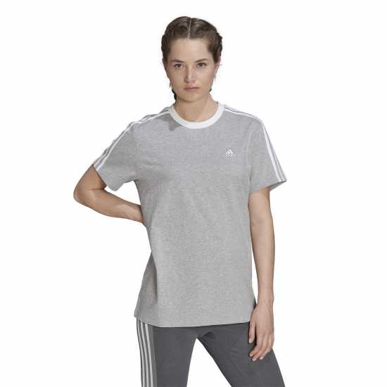 Adidas Essentials 3 Stripe T-Shirt Womens Среден сив хтх Дамски тениски и фланелки