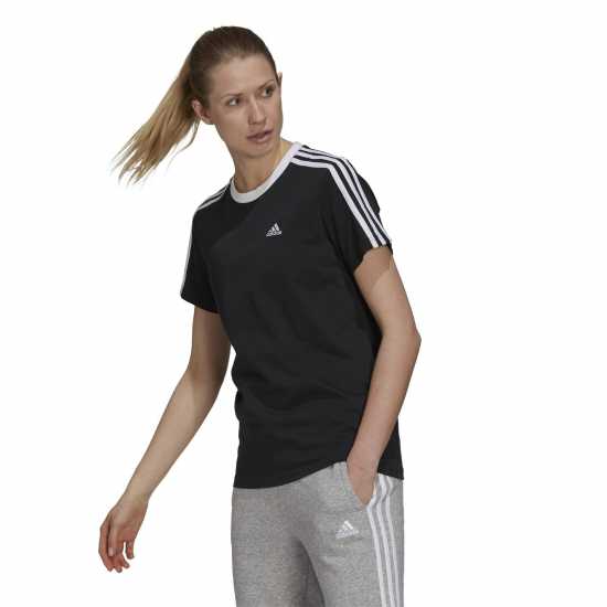 Adidas 3 Stripe T-Shirt Black/White Дамски тениски с яка