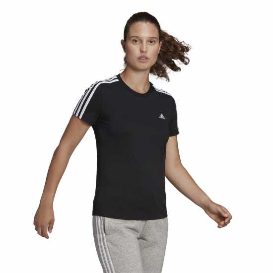 Adidas Essentials 3 Stripe T-Shirt Womens Черно/Черно/Бяло Дамски тениски и фланелки