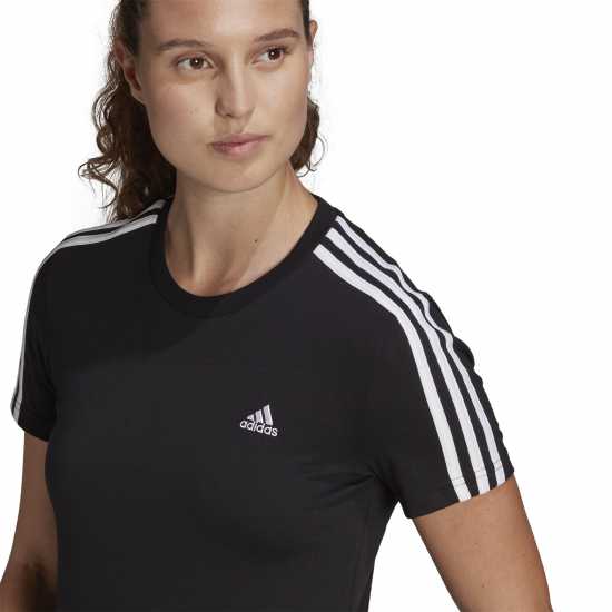 Adidas Essentials 3 Stripe T-Shirt Womens Черно/Черно/Бяло Дамски тениски и фланелки