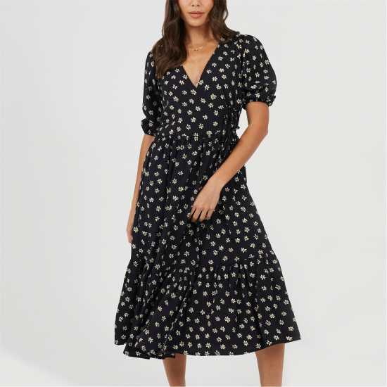 Brave Soul Women's V Neck Wrap Dress Black/White 