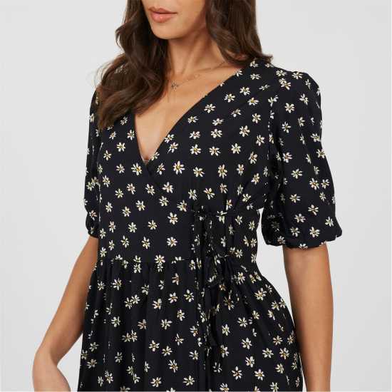 Brave Soul Women's V Neck Wrap Dress Black/White 