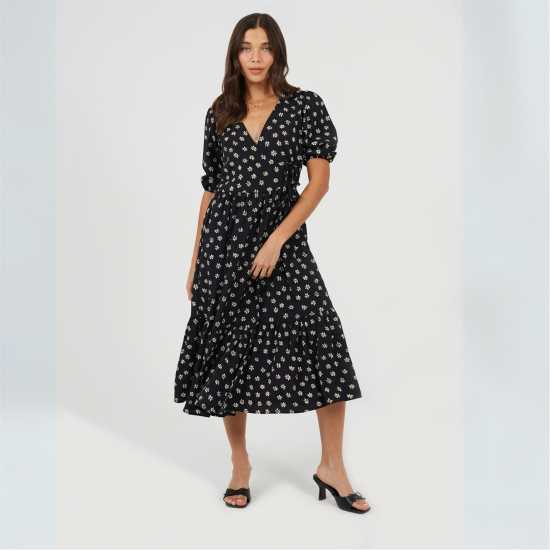 Brave Soul Women's V Neck Wrap Dress Black/White 