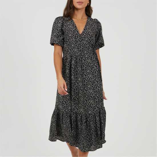 Brave Soul Women's V Neck Wrap Dress Black/White 