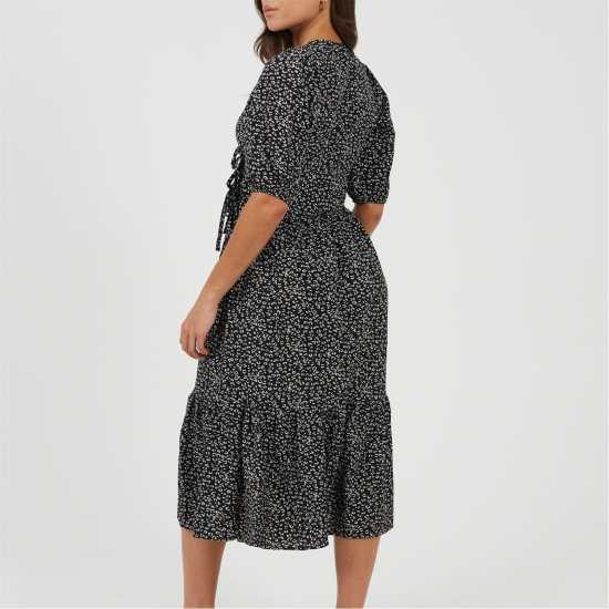 Brave Soul Women's V Neck Wrap Dress Black/White 