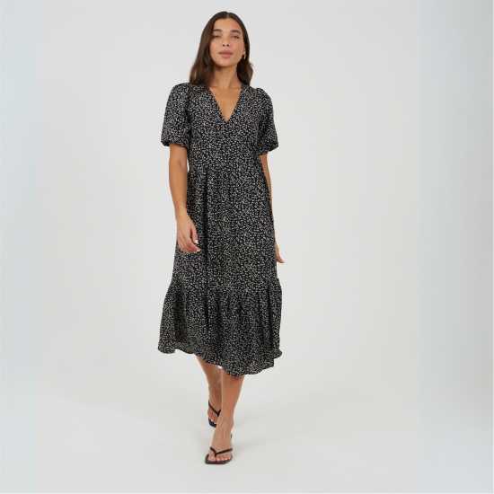 Brave Soul Women's V Neck Wrap Dress Black/White 