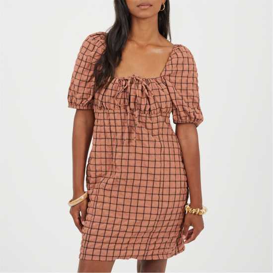 Brave Soul Women's Puff Sleeve Mini Dress Rust/Black 