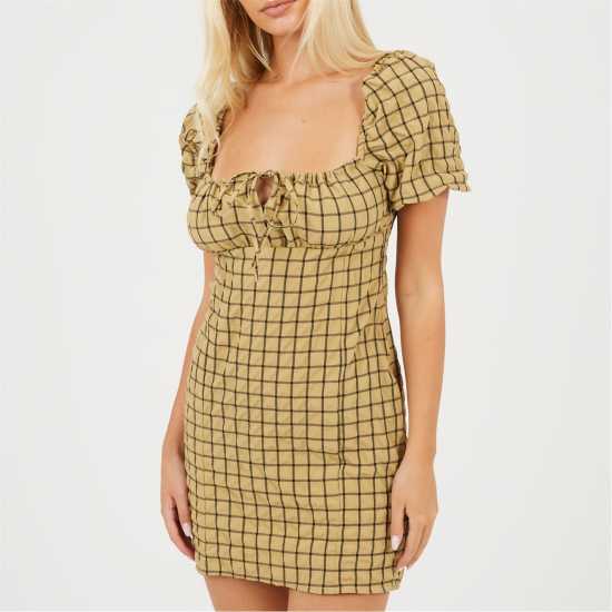 Brave Soul Women's Puff Sleeve Mini Dress Mustard/Black 