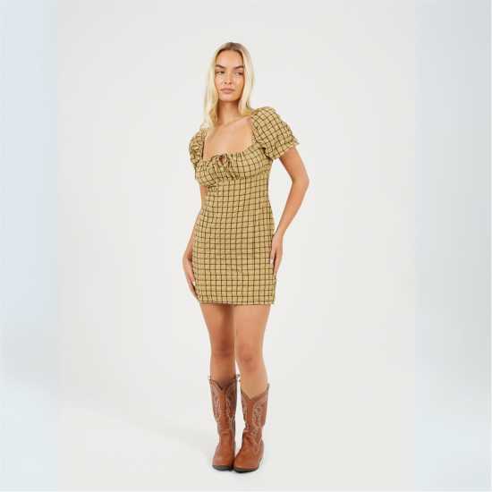 Brave Soul Women's Puff Sleeve Mini Dress Mustard/Black 
