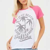 Brave Soul Womens Contrat Raglan Sleeve T-Shirt With Hawaii Graphic White/Coral 