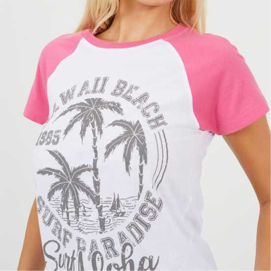 Brave Soul Womens Contrat Raglan Sleeve T-Shirt With Hawaii Graphic White/Coral 