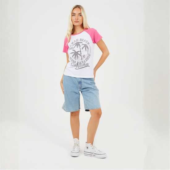 Brave Soul Womens Contrat Raglan Sleeve T-Shirt With Hawaii Graphic White/Coral 