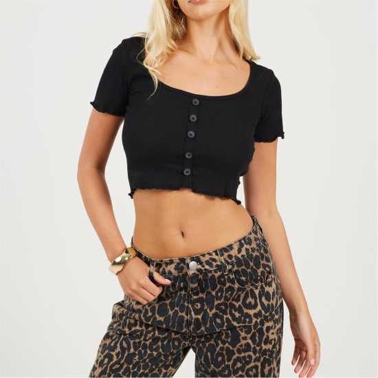 Brave Soul Bs Womens Lettuce Hem Button Through T-Shirt Black Brave Soul Bs Womens Lettuce Hem Button Through T-Shirt Black