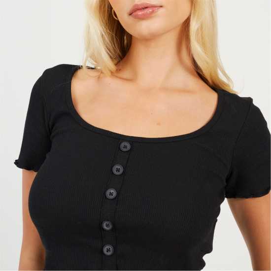 Brave Soul Bs Womens Lettuce Hem Button Through T-Shirt Black Brave Soul Bs Womens Lettuce Hem Button Through T-Shirt Black