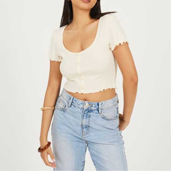 Brave Soul Bs Womens Lettuce Hem Button Through T-Shirt Cream Brave Soul Bs Womens Lettuce Hem Button Through T-Shirt Cream