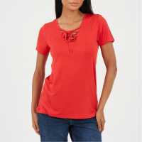 Brave Soul Bs Womens Tie Detail Eyelet Neck T-Shirt True Red 