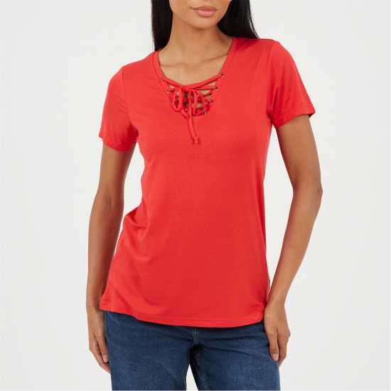 Brave Soul Bs Womens Tie Detail Eyelet Neck T-Shirt True Red Brave Soul Bs Womens Tie Detail Eyelet Neck T-Shirt True Red