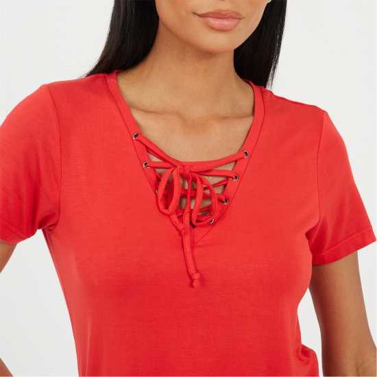 Brave Soul Bs Womens Tie Detail Eyelet Neck T-Shirt True Red Brave Soul Bs Womens Tie Detail Eyelet Neck T-Shirt True Red