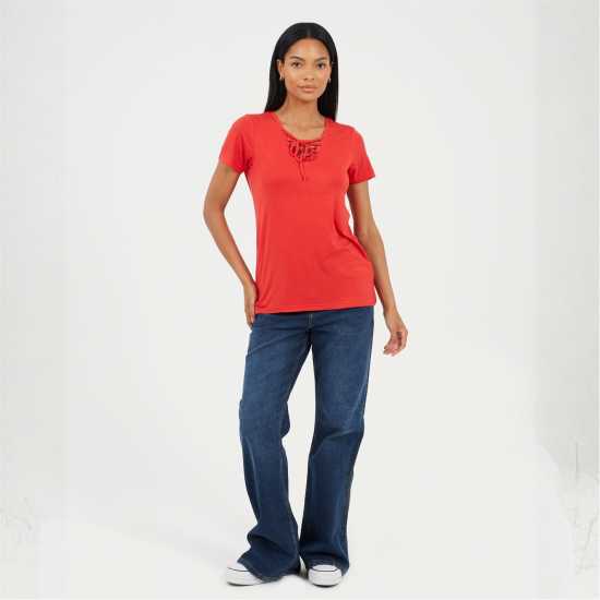 Brave Soul Bs Womens Tie Detail Eyelet Neck T-Shirt True Red Brave Soul Bs Womens Tie Detail Eyelet Neck T-Shirt True Red