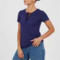 Brave Soul Bs Womens Tie Detail Eyelet Neck T-Shirt Summer Navy 