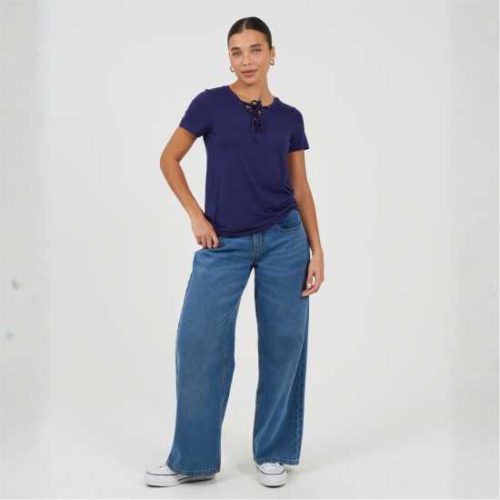 Brave Soul Bs Womens Tie Detail Eyelet Neck T-Shirt Summer Navy Brave Soul Bs Womens Tie Detail Eyelet Neck T-Shirt Summer Navy