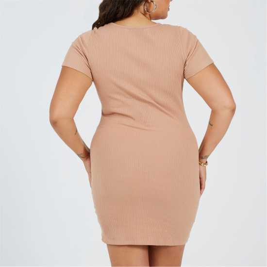 Brave Soul Womens Plus Size Short Sleeve Mini Dress With Button Detail Taupe 