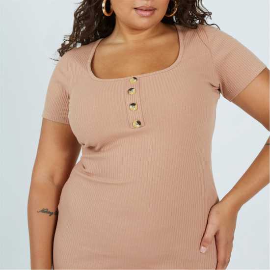 Brave Soul Womens Plus Size Short Sleeve Mini Dress With Button Detail Taupe 
