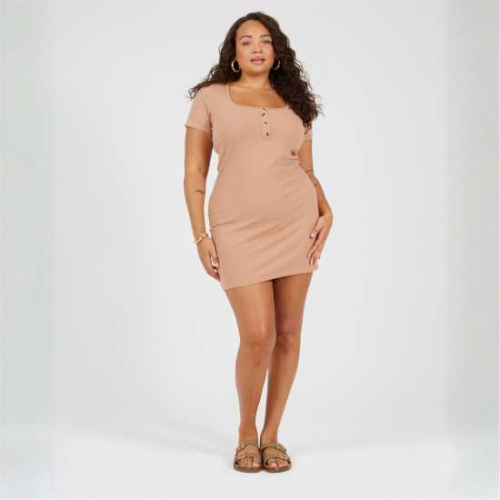 Brave Soul Womens Plus Size Short Sleeve Mini Dress With Button Detail Taupe 