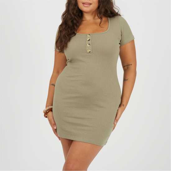 Brave Soul Womens Plus Size Short Sleeve Mini Dress With Button Detail Khaki 
