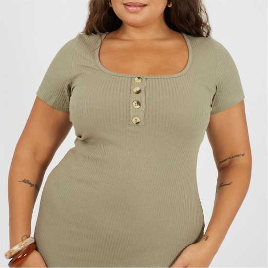 Brave Soul Womens Plus Size Short Sleeve Mini Dress With Button Detail Khaki 